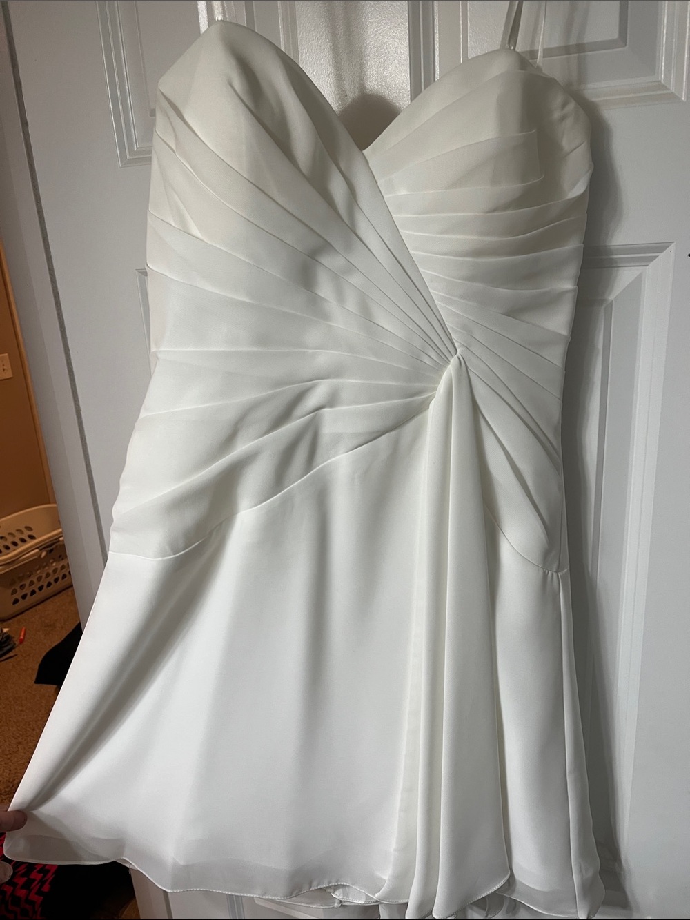 Faviana Strapless White Pleated Chiffon Cocktail Dress w Veil train accent
